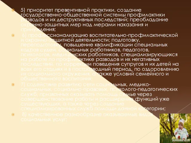 5) приоритет превентивной практики, создание государственно-общественной системы профилактики разводов и