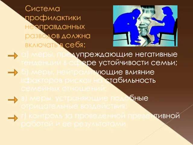 Система профилактики неоправданных разводов должна включать в себя: а) меры,