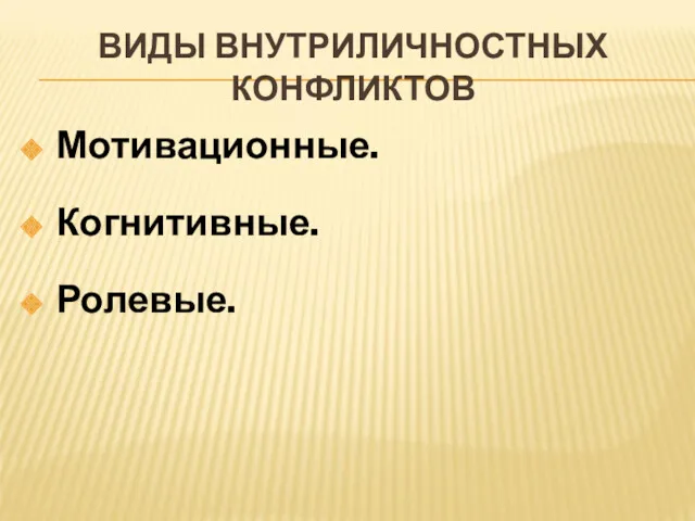 ВИДЫ ВНУТРИЛИЧНОСТНЫХ КОНФЛИКТОВ Мотивационные. Когнитивные. Ролевые.