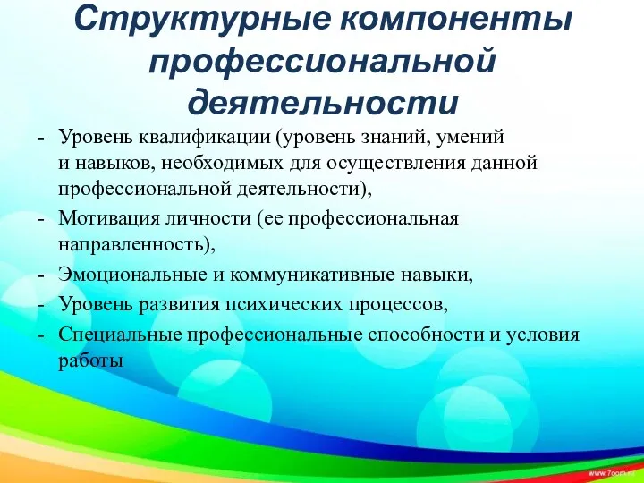 Структурные компоненты профессиональной деятельности Уровень квалификации (уровень знаний, умений и