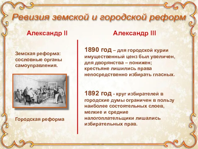 Александр II Александр III Земская реформа: сословные органы самоуправления. Городская реформа 1890 год