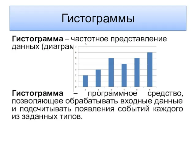 Гистограммы Гистограмма – частотное представление данных (диаграмма). Гистограмма – программное средство, позволяющее обрабатывать