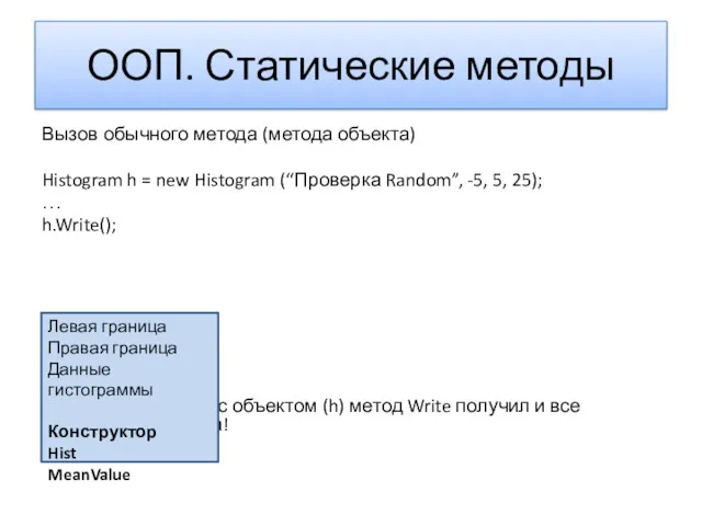 ООП. Статические методы Вызов обычного метода (метода объекта) Histogram h