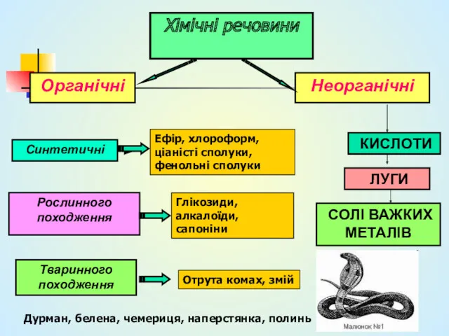 Хімічні речовини Органічні Неорганічні КИСЛОТИ ЛУГИ СОЛІ ВАЖКИХ МЕТАЛІВ Синтетичні