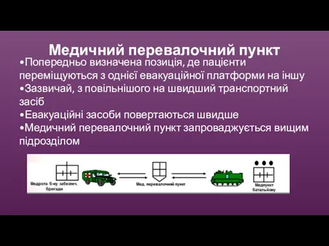 Медичний перевалочний пункт •Попередньо визначена позиція, де пацієнти переміщуються з