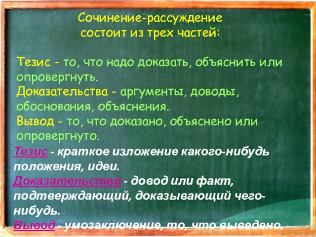 Сочинение-рассуждение состоит из трех частей: Тезис - то, что надо