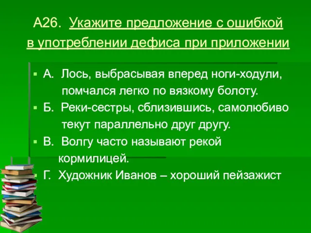 А26. Укажите предложение с ошибкой в употреблении дефиса при приложении