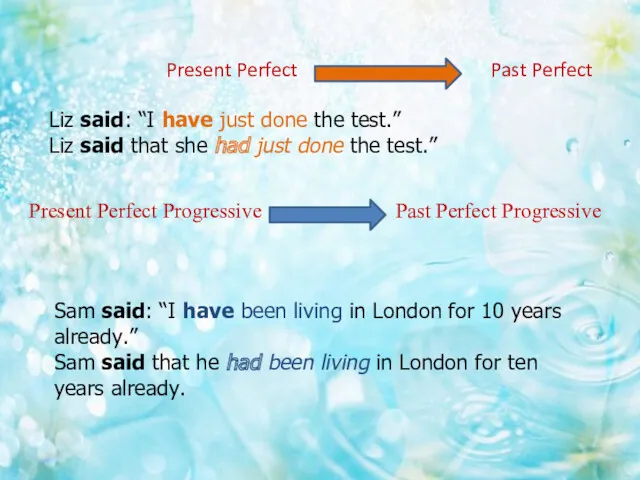 Present Perfect Past Perfect Present Perfect Progressive Past Perfect Progressive