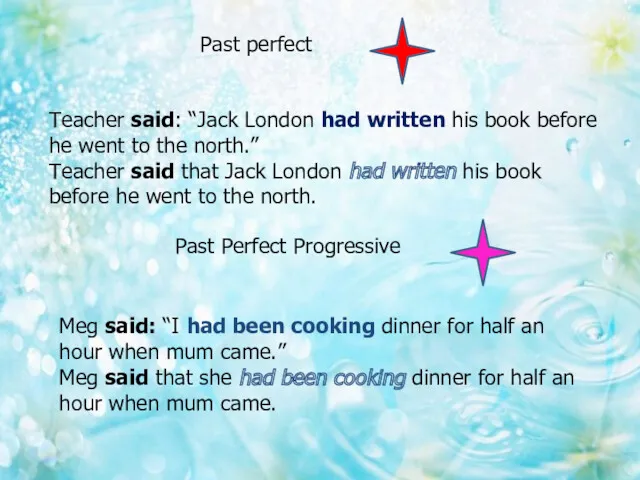 Past perfect Teacher said: “Jack London had written his book