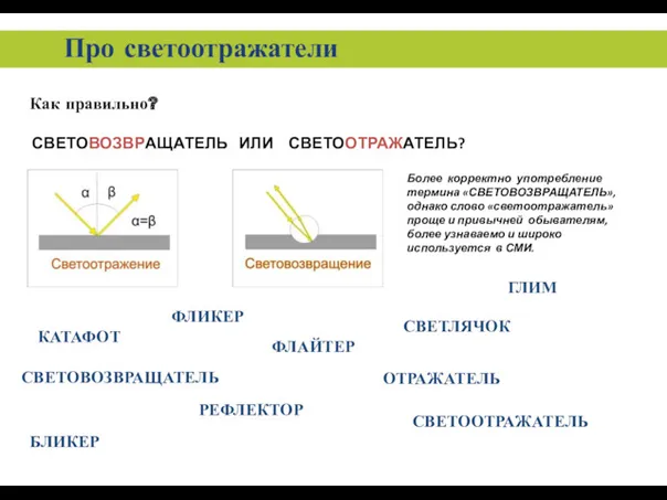 Про светоотражатели Как правильно? СВЕТОВОЗВРАЩАТЕЛЬ ИЛИ СВЕТООТРАЖАТЕЛЬ? Более корректно употребление