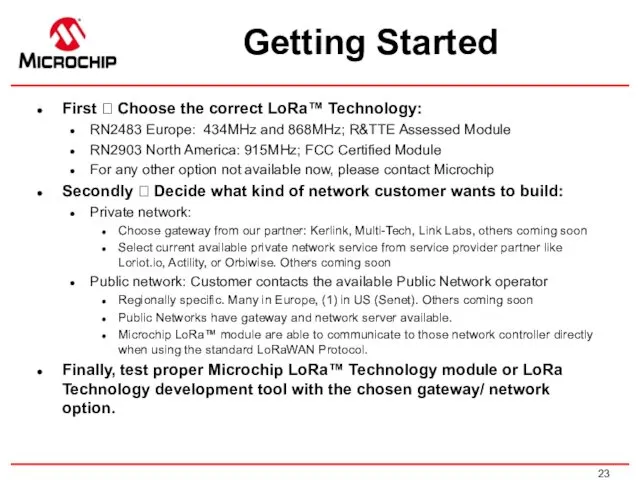 Getting Started First ? Choose the correct LoRa™ Technology: RN2483