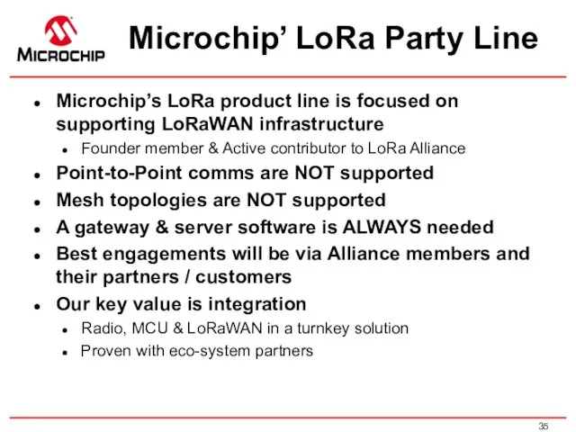 Microchip’ LoRa Party Line Microchip’s LoRa product line is focused