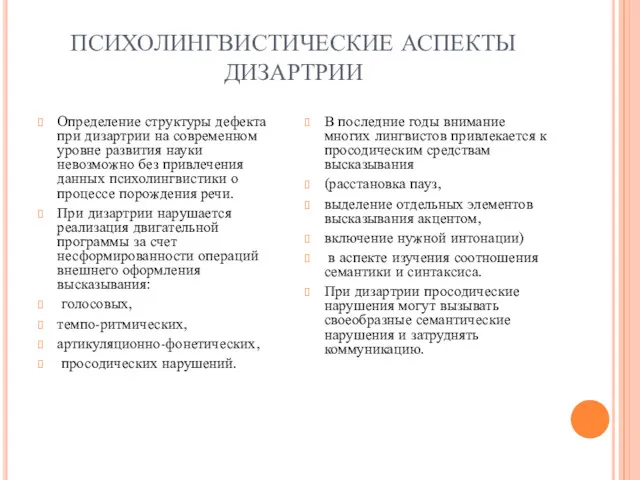 ПСИХОЛИНГВИСТИЧЕСКИЕ АСПЕКТЫ ДИЗАРТРИИ Определение структуры дефекта при дизартрии на современном