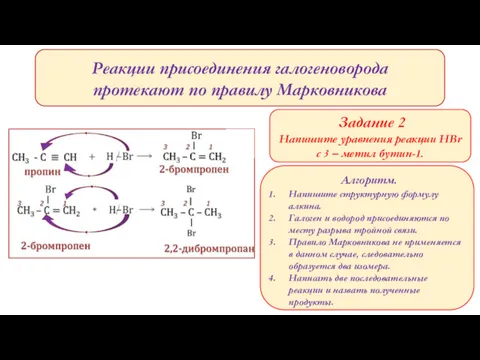 Реакции присоединения галогеноворода протекают по правилу Марковникова Задание 2 Напишите