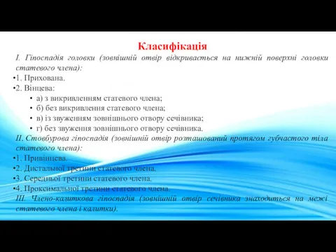 Класифікація І. Гіпоспадія головки (зовнішній отвір відкривається на нижній поверхні