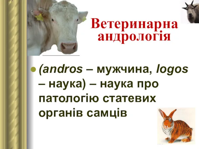 Ветеринарна андрологія (andros – мужчина, logos – наука) – наука про патологію статевих органів самців