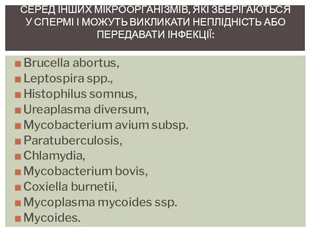 Brucella abortus, Leptospira spp., Histophilus somnus, Ureaplasma diversum, Mycobacterium avium