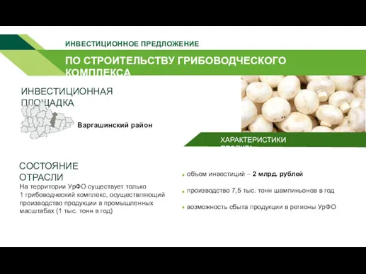 ПО СТРОИТЕЛЬСТВУ ГРИБОВОДЧЕСКОГО КОМПЛЕКСА ИНВЕСТИЦИОННОЕ ПРЕДЛОЖЕНИЕ СОСТОЯНИЕ ОТРАСЛИ ХАРАКТЕРИСТИКИ ПРОЕКТА