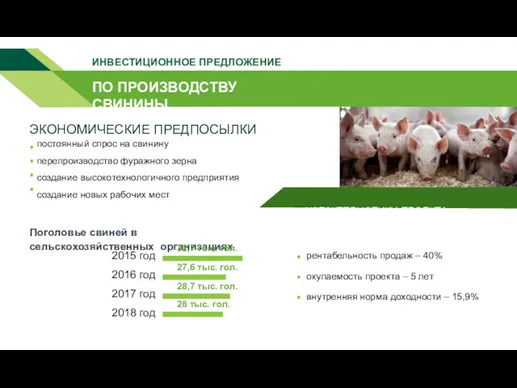 ПО ПРОИЗВОДСТВУ СВИНИНЫ ИНВЕСТИЦИОННОЕ ПРЕДЛОЖЕНИЕ рентабельность продаж – 40% окупаемость