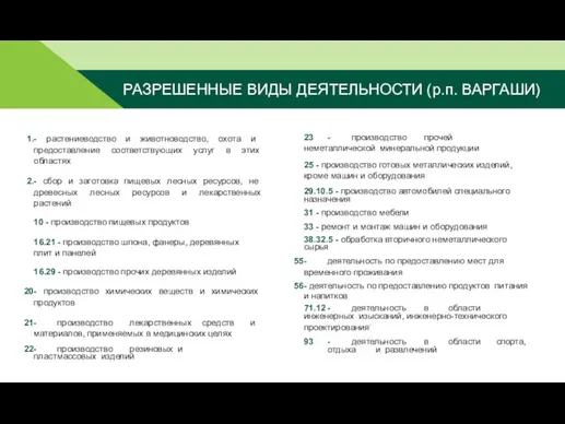 РАЗРЕШЕННЫЕ ВИДЫ ДЕЯТЕЛЬНОСТИ (р.п. ВАРГАШИ) - растениеводство и животноводство, охота