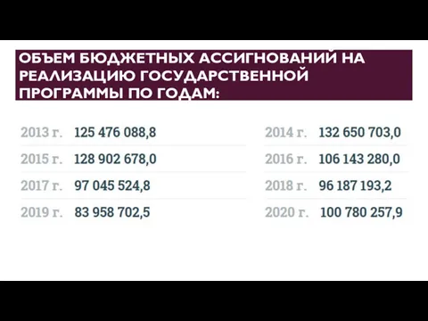 ОБЪЕМ БЮДЖЕТНЫХ АССИГНОВАНИЙ НА РЕАЛИЗАЦИЮ ГОСУДАРСТВЕННОЙ ПРОГРАММЫ ПО ГОДАМ: