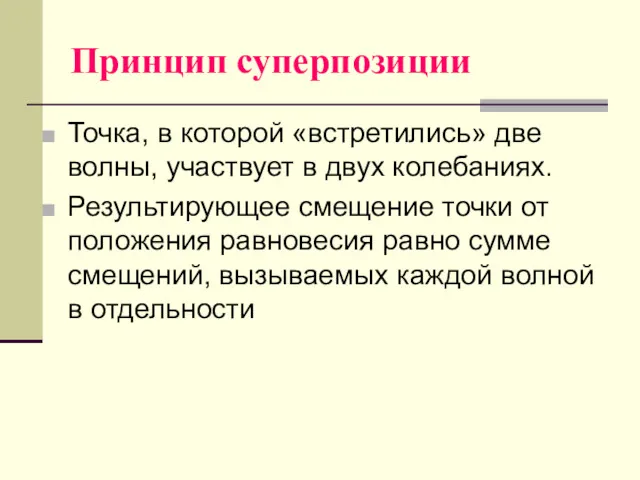 Принцип суперпозиции Точка, в которой «встретились» две волны, участвует в