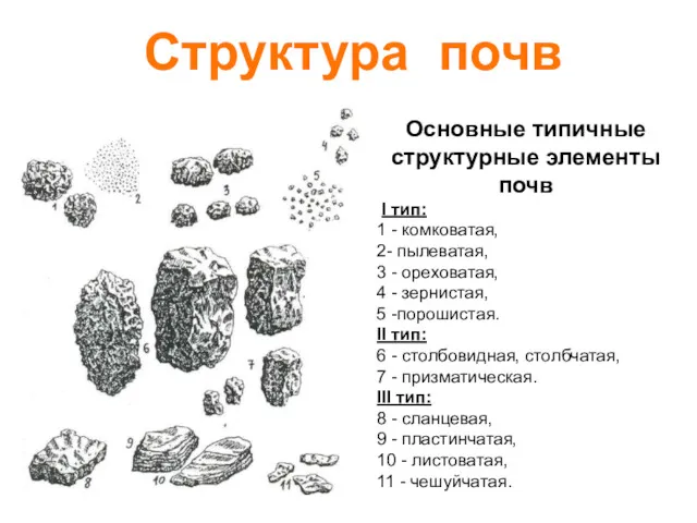 Основные типичные структурные элементы почв I тип: 1 - комковатая,