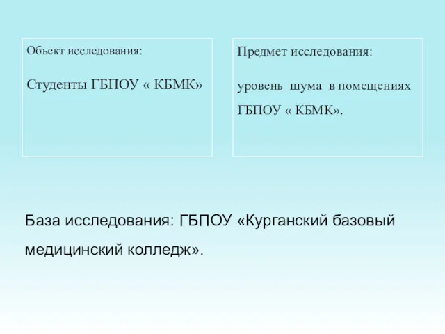 Объект исследования: Студенты ГБПОУ « КБМК» Предмет исследования: уровень шума