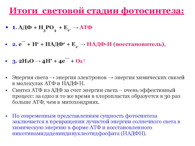 Итоги световой стадии фотосинтеза: 1. АДФ + Н3РО4 + Ее⁻