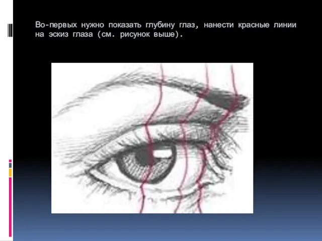 Во-первых нужно показать глубину глаз, нанести красные линии на эскиз глаза (см. рисунок выше).