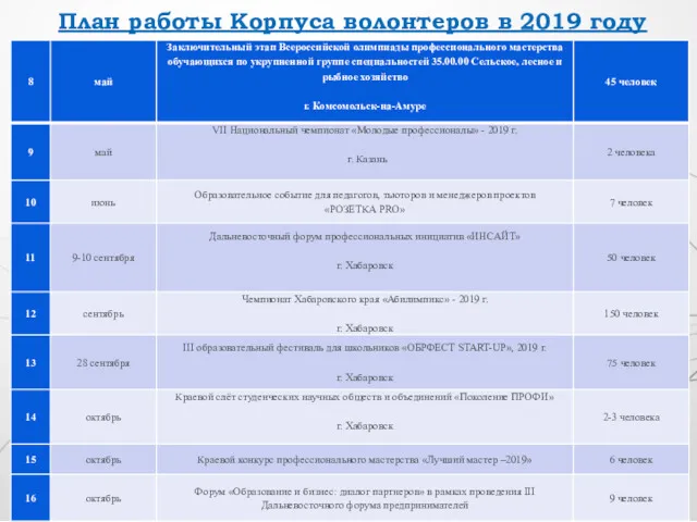 План работы Корпуса волонтеров в 2019 году