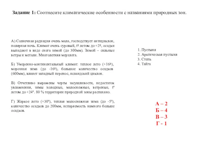 Задание 1: Соотнесите климатические особенности с названиями природных зон. А)