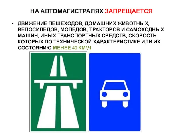 НА АВТОМАГИСТРАЛЯХ ЗАПРЕЩАЕТСЯ ДВИЖЕНИЕ ПЕШЕХОДОВ, ДОМАШНИХ ЖИВОТНЫХ, ВЕЛОСИПЕДОВ, МОПЕДОВ, ТРАКТОРОВ