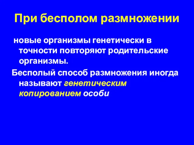 При бесполом размножении новые организмы генетически в точности повторяют родительские