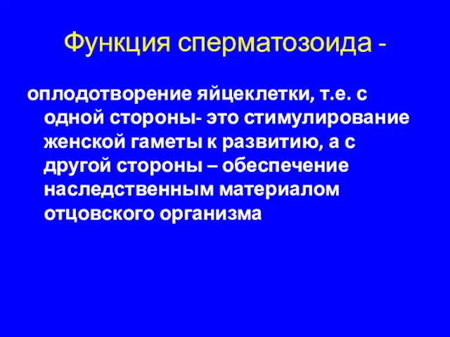 Функция сперматозоида - оплодотворение яйцеклетки, т.е. с одной стороны- это