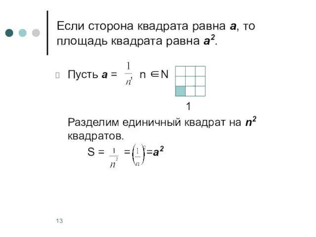 Если сторона квадрата равна а, то площадь квадрата равна а2.