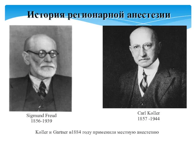 История регионарной анестезии Koller и Gartner в1884 году применили местную