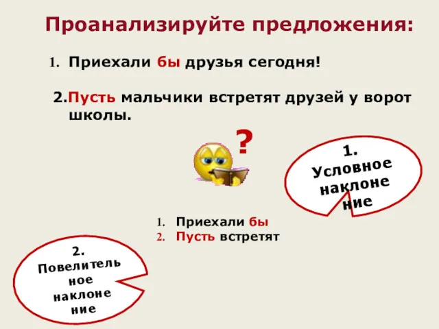 Проанализируйте предложения: Приехали бы друзья сегодня! 2.Пусть мальчики встретят друзей