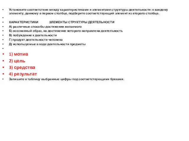 Установите соответствие между характеристиками и элементами структуры деятельности: к каждому
