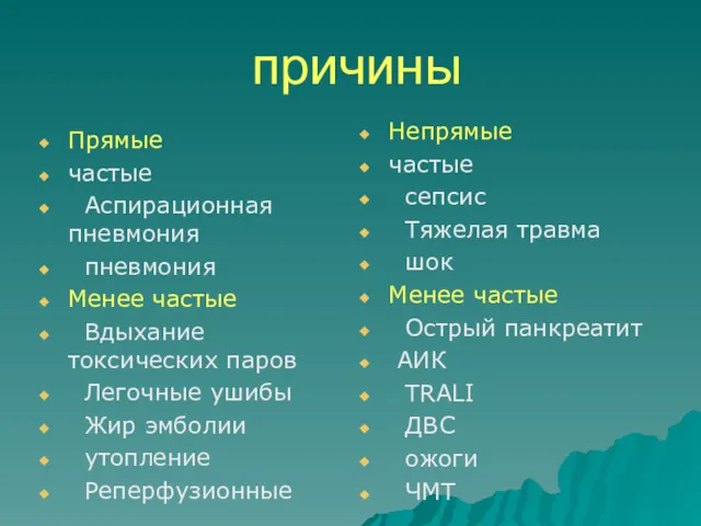 причины Прямые частые Аспирационная пневмония пневмония Менее частые Вдыхание токсических