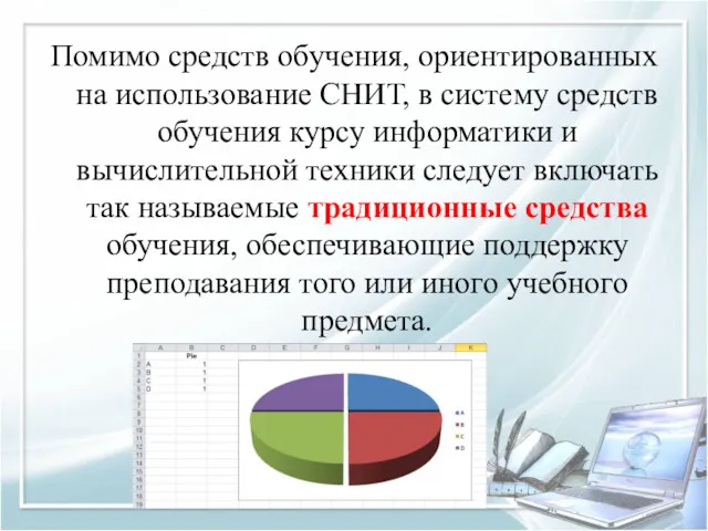 Помимо средств обучения, ориентированных на использование СНИТ, в систему средств обучения курсу информатики