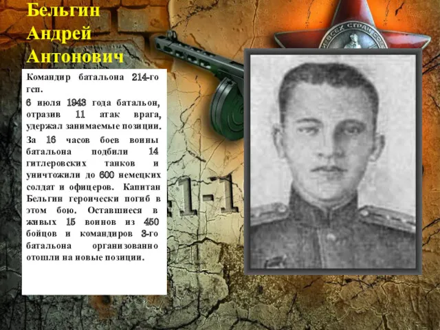 Бельгин Андрей Антонович Командир батальона 214-го гсп. 6 июля 1943 года батальон, отразив