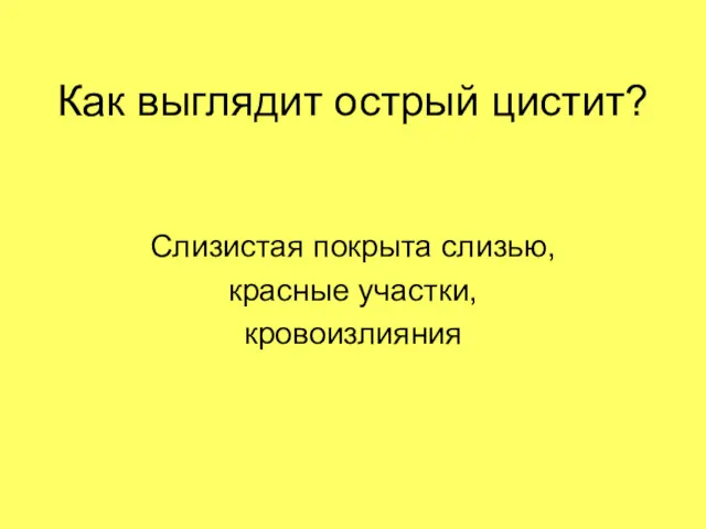 Как выглядит острый цистит? Слизистая покрыта слизью, красные участки, кровоизлияния