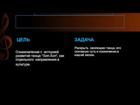 ЦЕЛЬ Ознакомление с историей развития танца “Хип-Хоп”, как отдельного направления