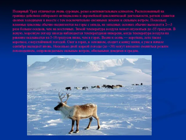 Полярный Урал отличается очень суровым, резко континентальным климатом. Расположенный на