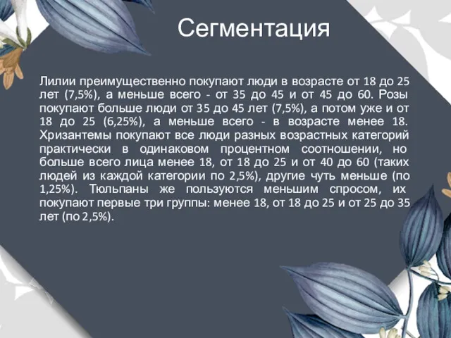 Сегментация Лилии преимущественно покупают люди в возрасте от 18 до