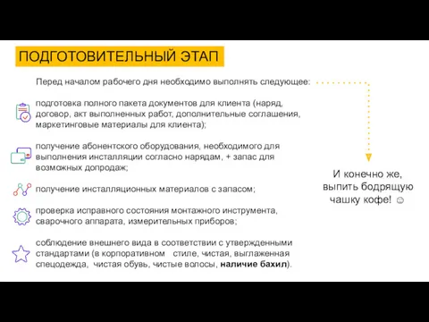 ПОДГОТОВИТЕЛЬНЫЙ ЭТАП Перед началом рабочего дня необходимо выполнять следующее: подготовка