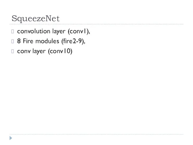 SqueezeNet convolution layer (conv1), 8 Fire modules (fire2-9), conv layer (conv10)