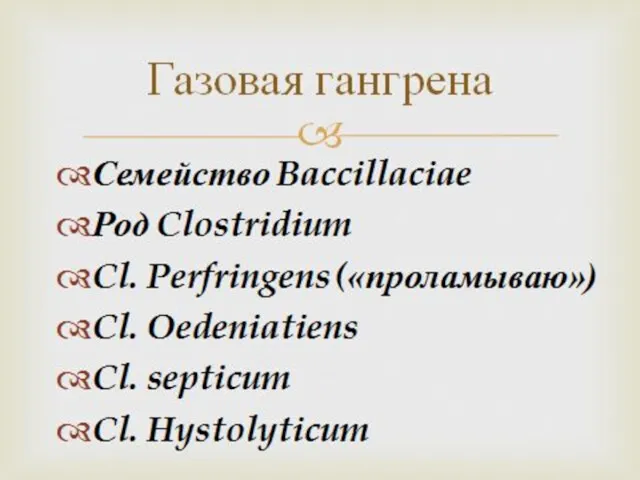 Род Clostridium - Возбудитель столбняка: Cl.tetani - Возбудители газовой гангрены: Cl.perfringens, Cl.novyi, Cl.septicum, Cl.histolyticum Семейство Bacillaceae
