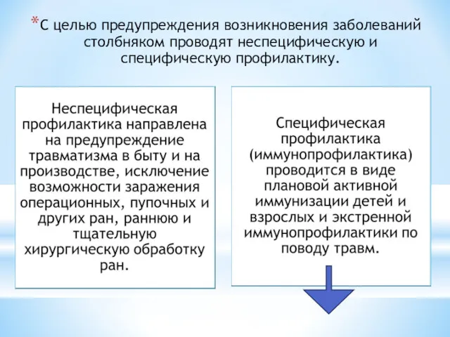 С целью предупреждения возникновения заболеваний столбняком проводят неспецифическую и специфическую профилактику.